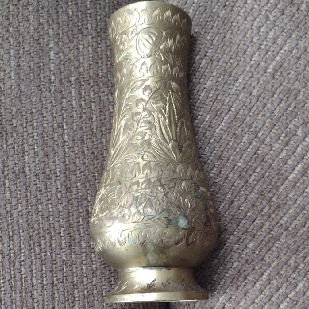 Brass  Ornate Floral Botanical Etched  Footed Vase Vintage Crafted In India